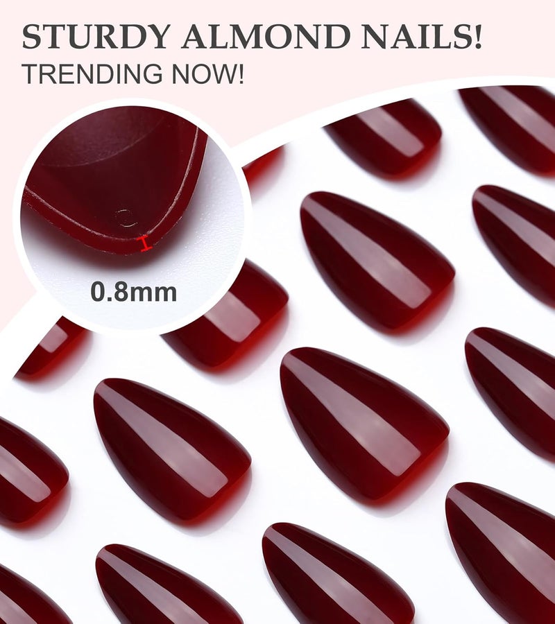 morily Short Press on Nails Almond, 30Pcs Burgundy Fake Nails in 15 Sizes Glossy Wine Red False Nails Reusable Acrylic Stick on Nails for Women - Image 3